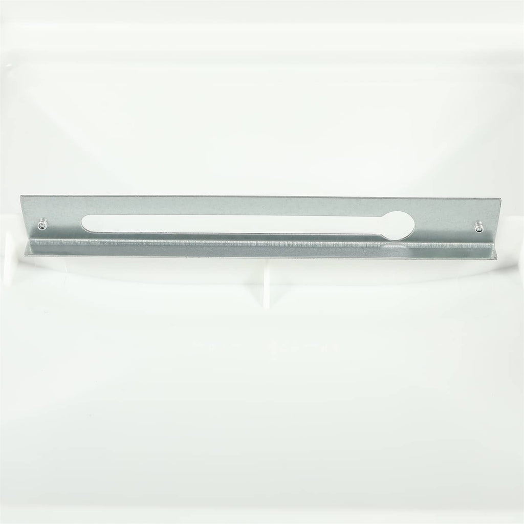 Close-up of gray metal RV roof vent mounting bar with oval cutout handle