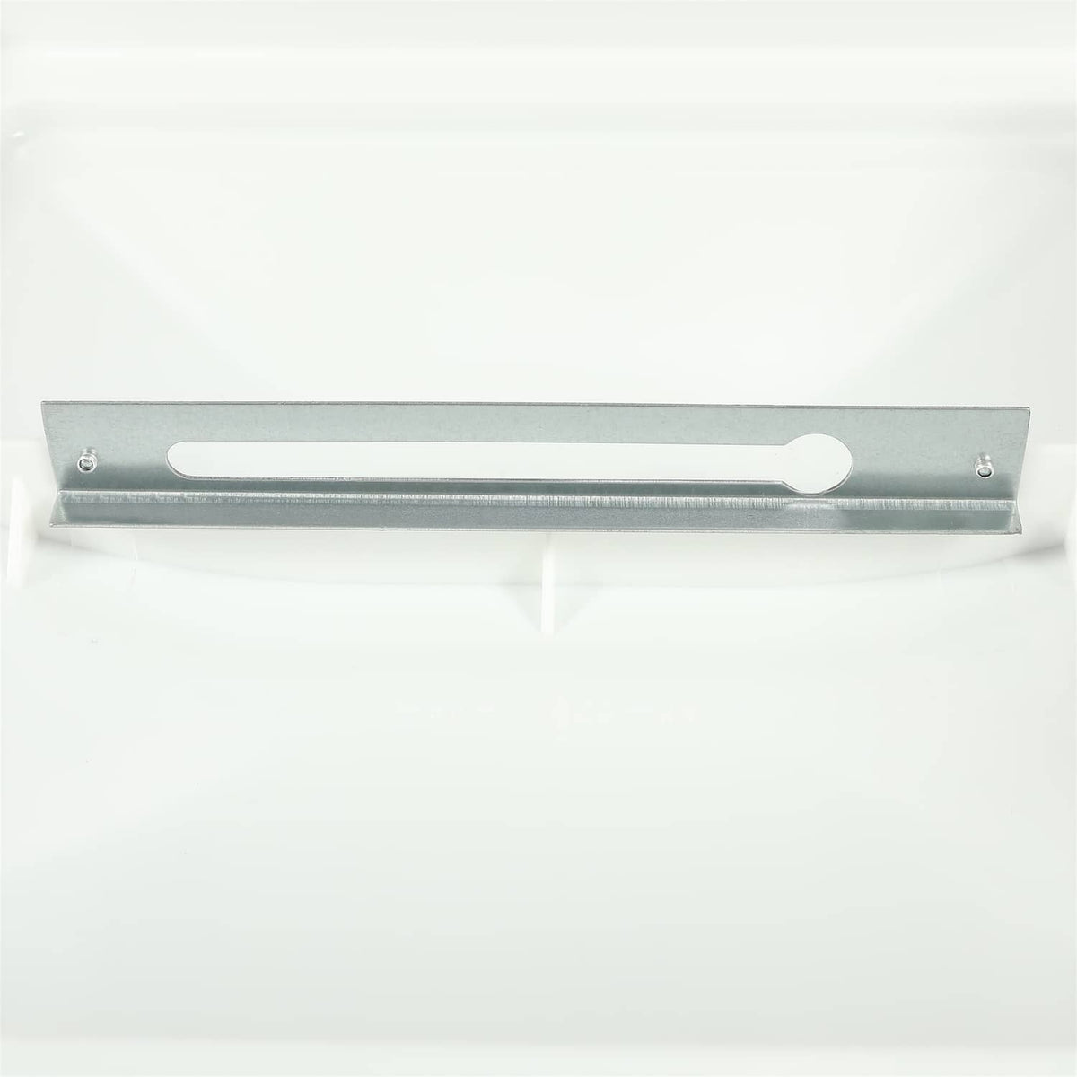 Close-up of gray metal RV roof vent mounting bar with oval cutout handle