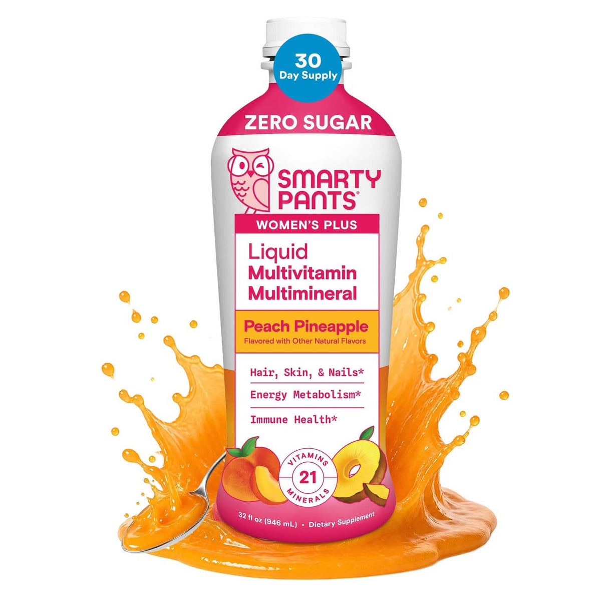 Pink liquid multivitamin bottle for women, zero sugar, peach pineapple flavor