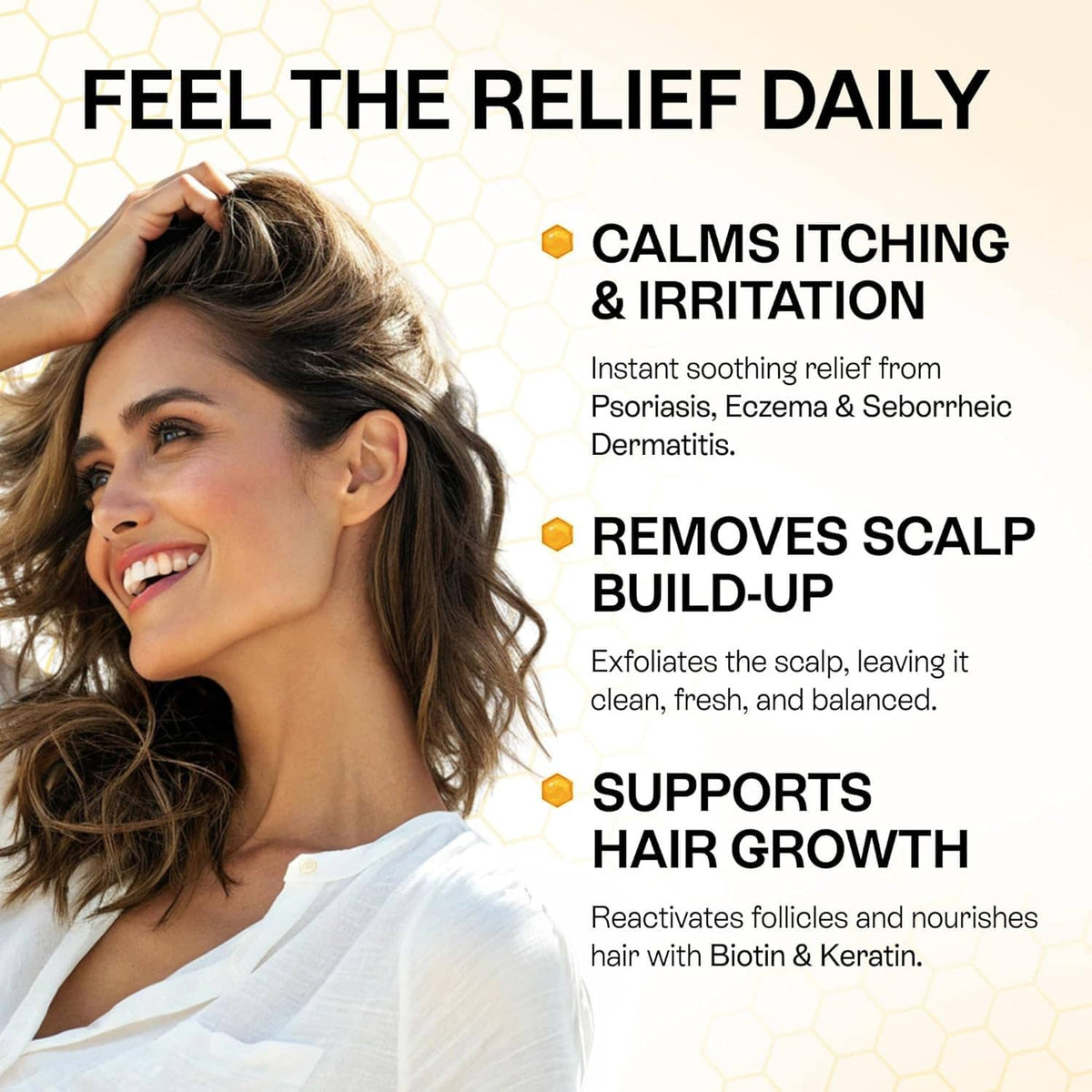 Salicylic acid scalp relief shampoo concept with woman’s styled hair