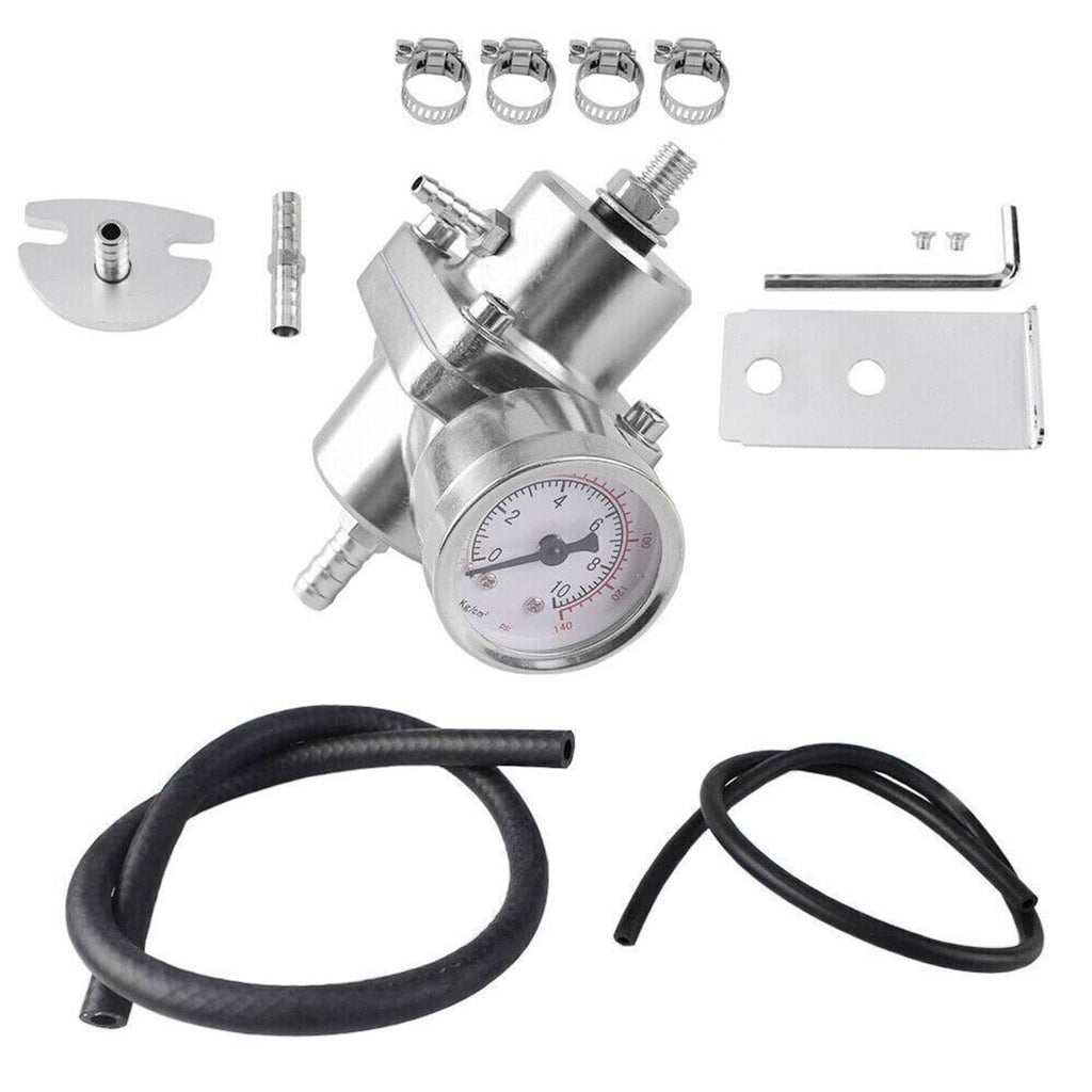 Fuel pressure regulator kit with dial gauge, black hoses, clamps, screws, and bracket pieces