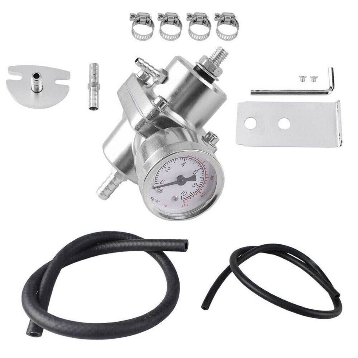 Fuel pressure regulator kit with dial gauge, black hoses, clamps, screws, and bracket pieces