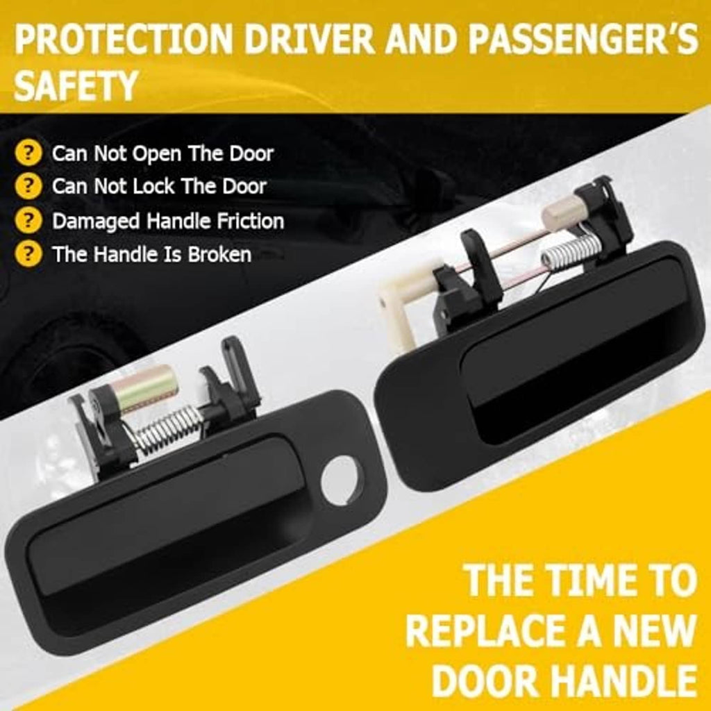 Pair of black exterior door handles with internal spring rods and latch parts