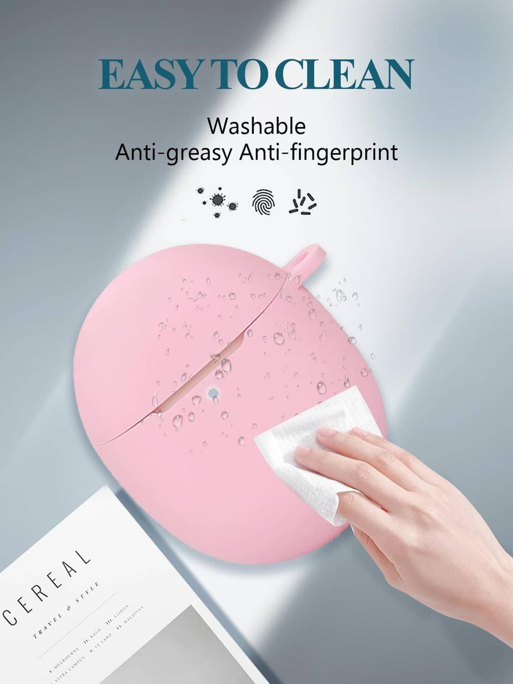 Pink silicone earbuds case with smooth surface and cleaning wipe