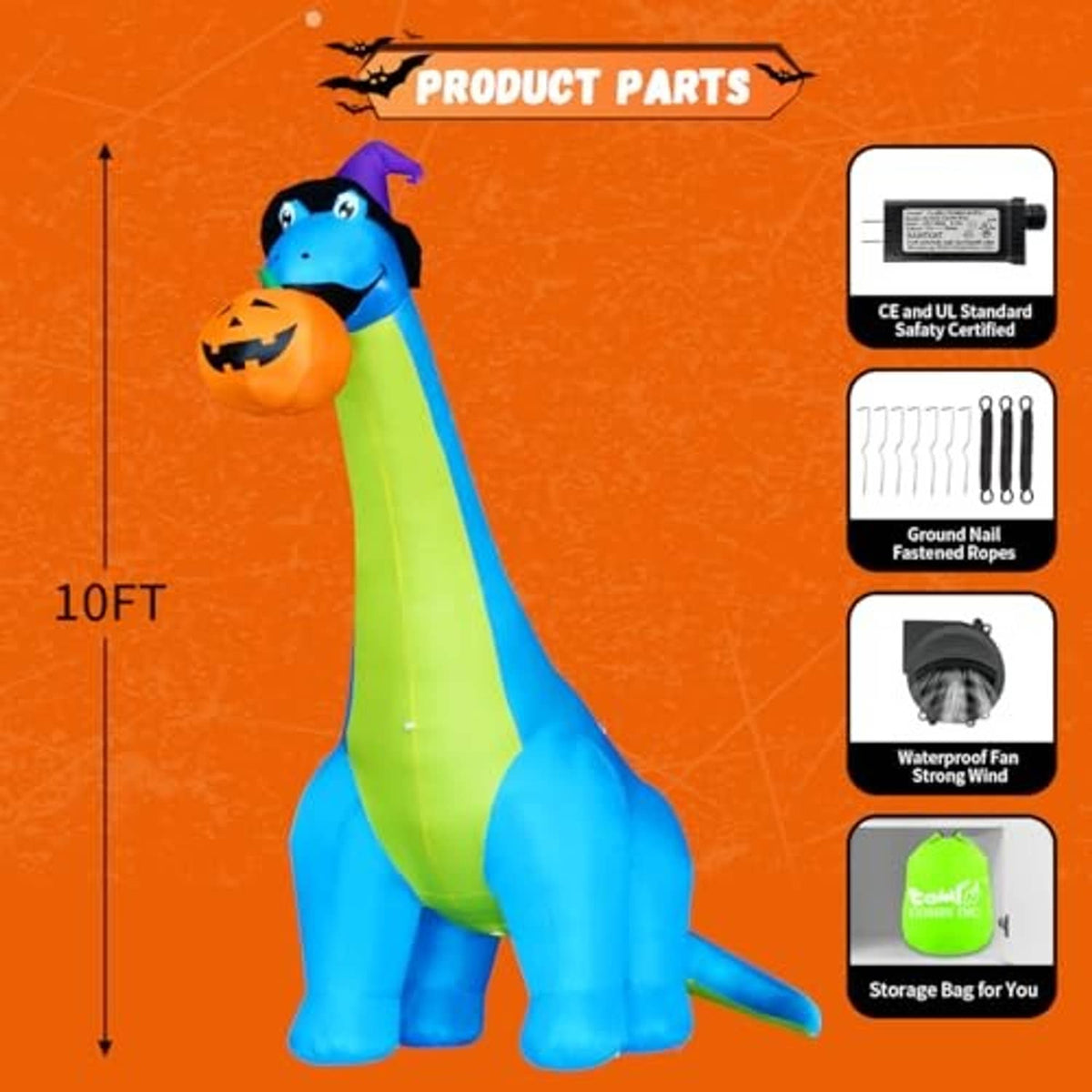 Inflatable blue dinosaur with green stripe and purple hat, side view