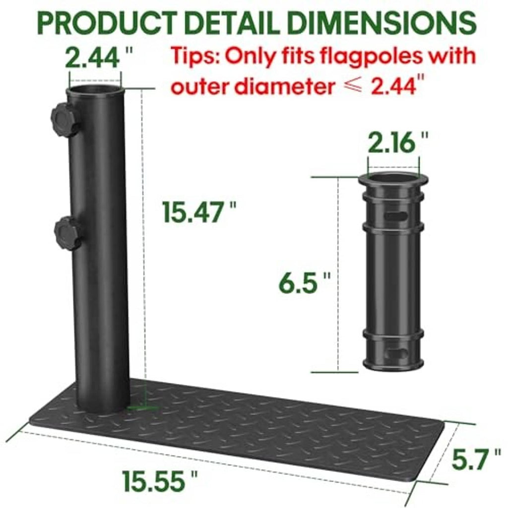 Black flagpole tire mount showing upright sleeve and diamond base plate dimensions