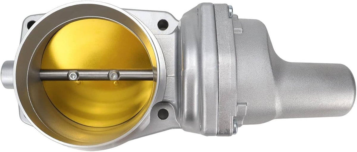 90mm throttle body close-up with silver rim and gold interior bore