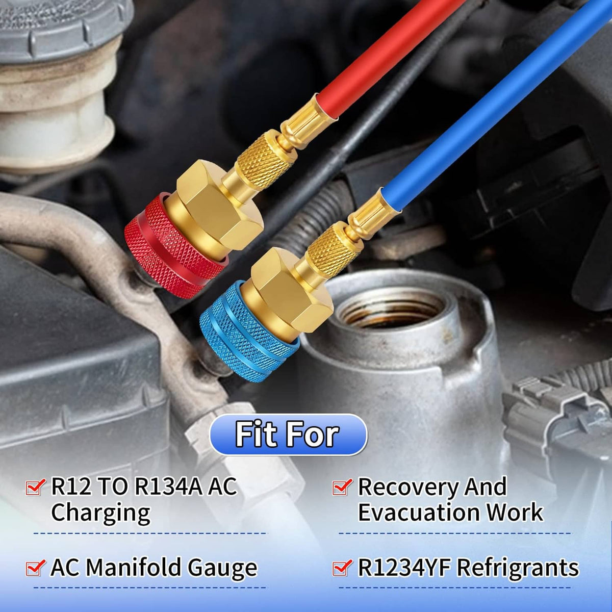 Brass quick coupler adapters with red and blue caps on A/C service hoses