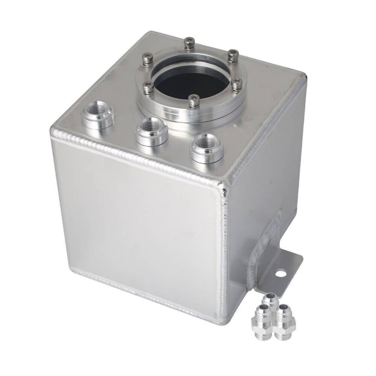 Aluminum 2L fuel surge tank with top inlet port and mounting bracket