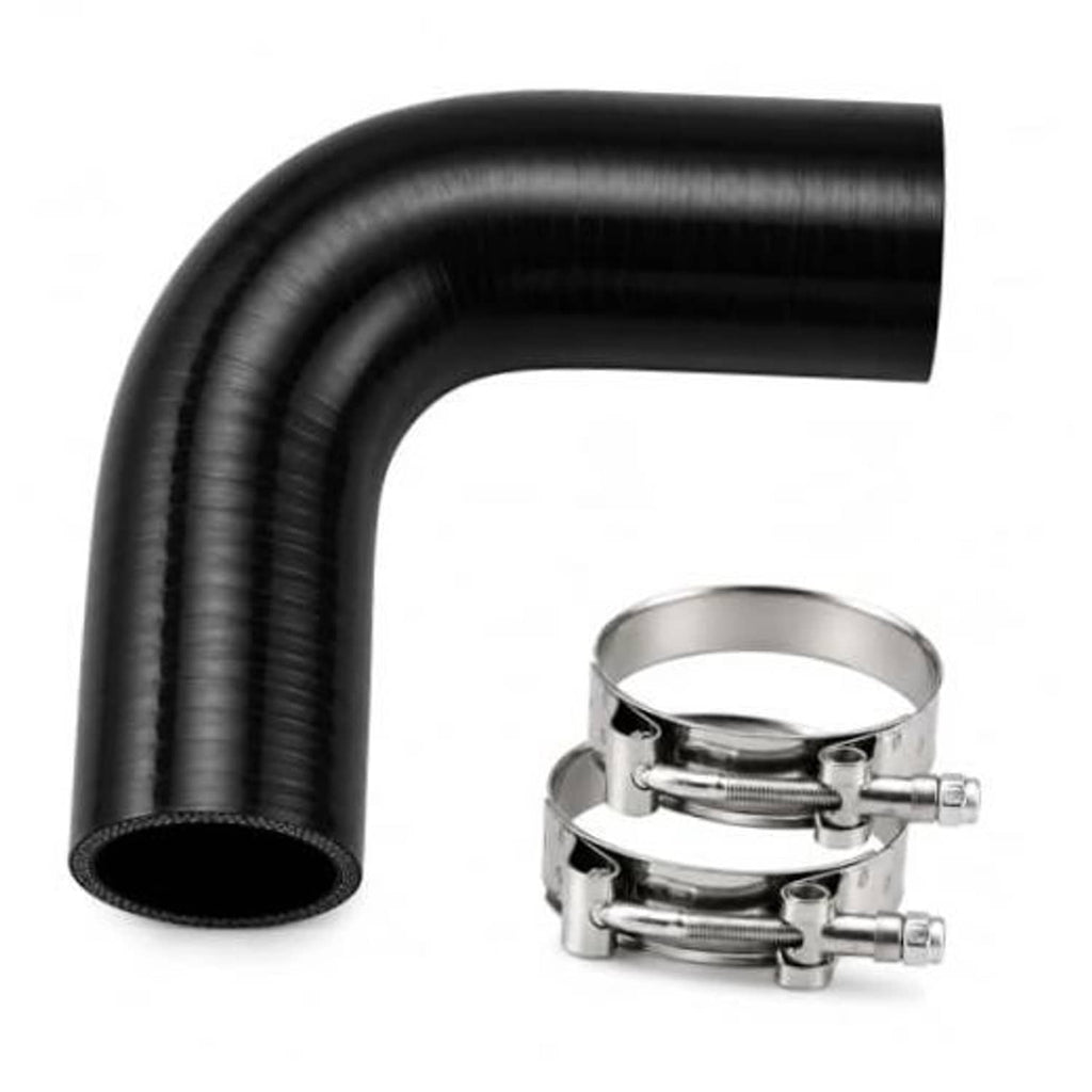 Black 90-degree silicone hose elbow with metal hose clamps, 1.5 in ID
