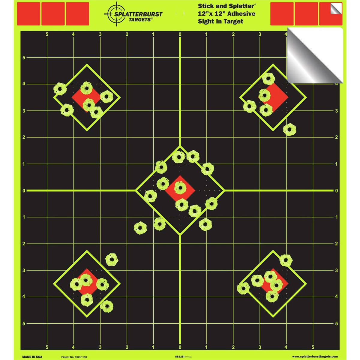 12x12 adhesive target sheet showing neon green outlined diamond splatterburst bulls