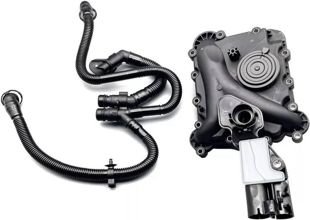 Oil separator housing with gray electrical connector and black corrugated vent hoses