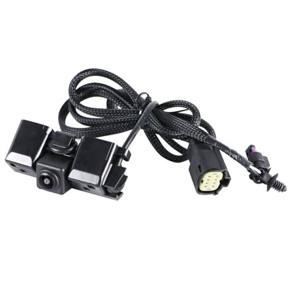 Backup camera wiring harness with mounted camera and plug connectors