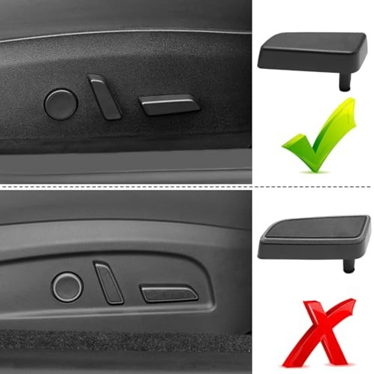 Close-up of black seat button covers on a dark panel, shown top and bottom.