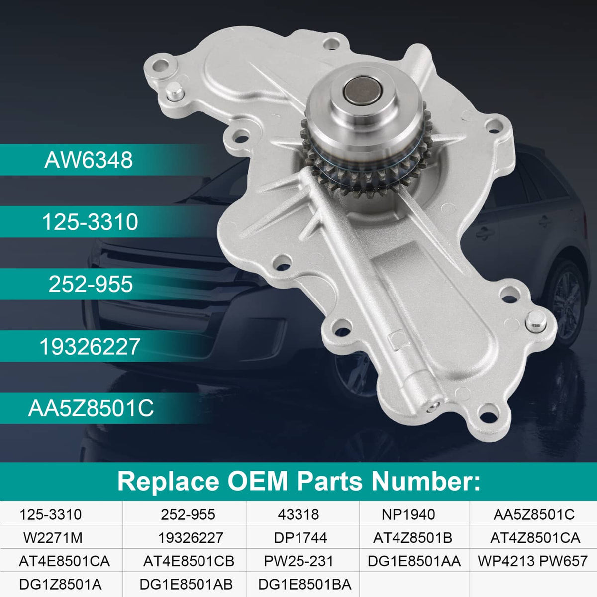 Water pump assembly with toothed belt pulley and silver aluminum body.