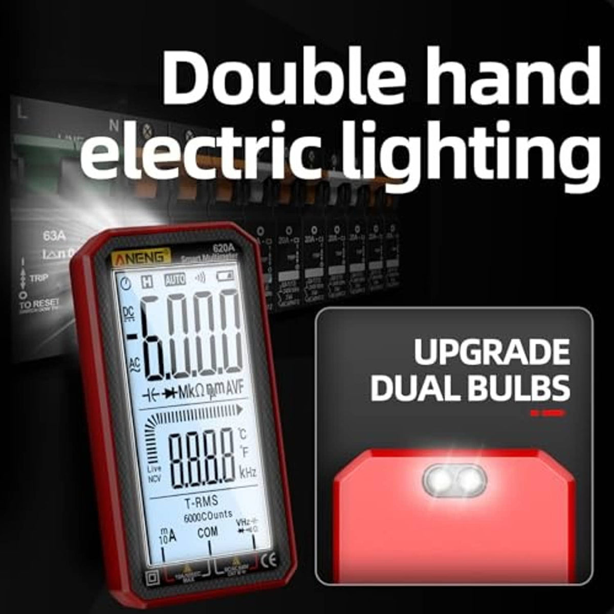 Red digital multimeter tester with LCD display and rugged body