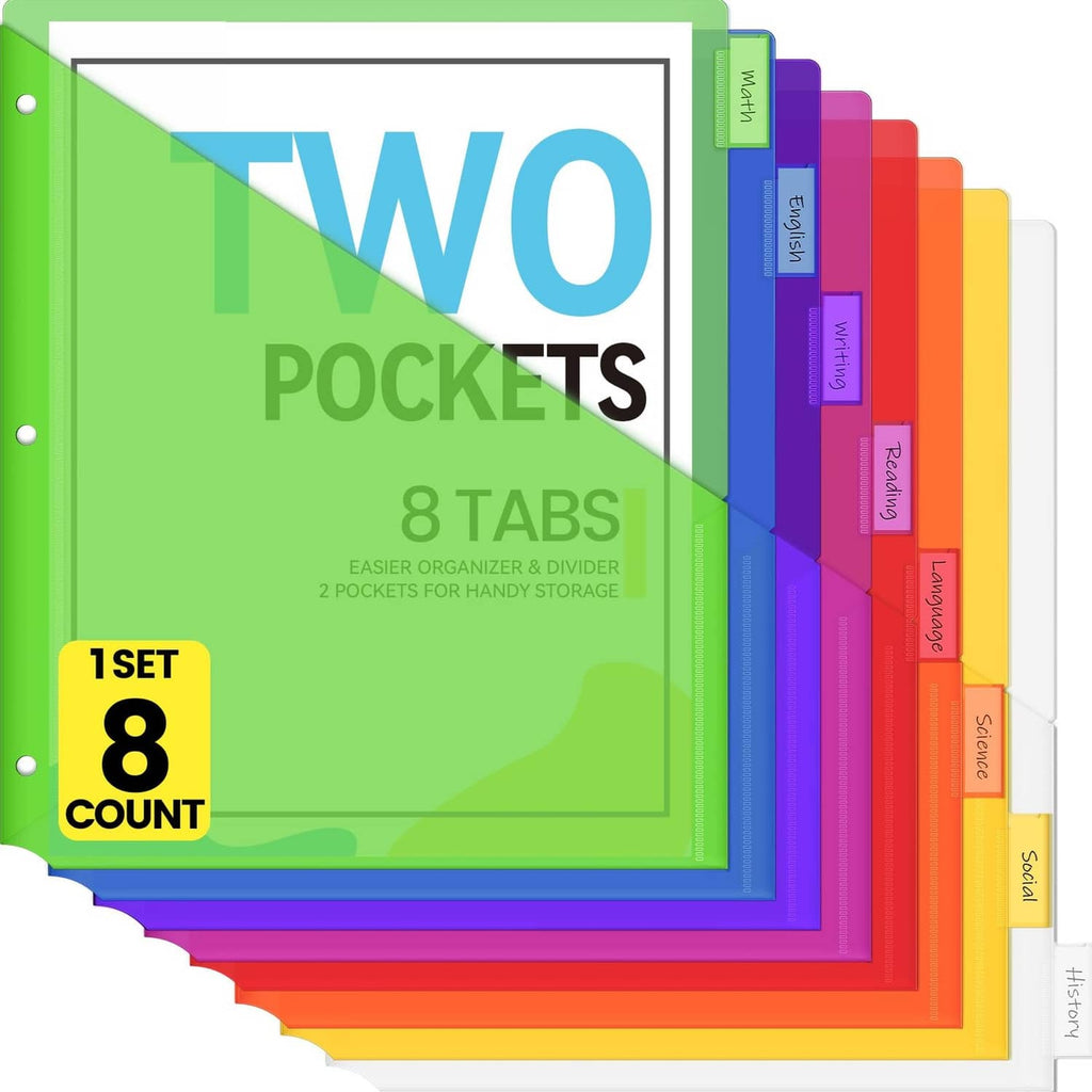 Green 8-tab binder dividers with pockets, 8 tab inserts for 3-ring binders