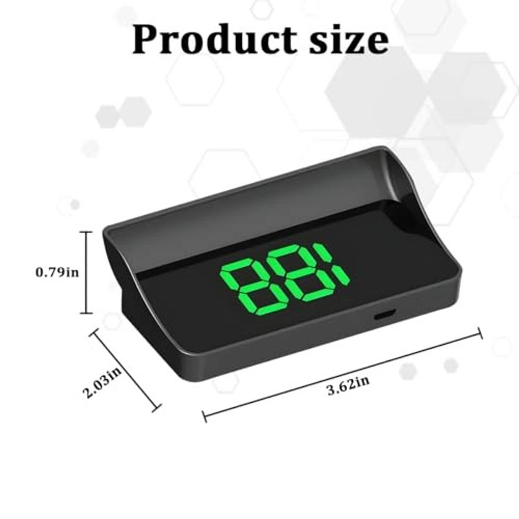 Car HUD speedometer device with green “188” digits and size diagram