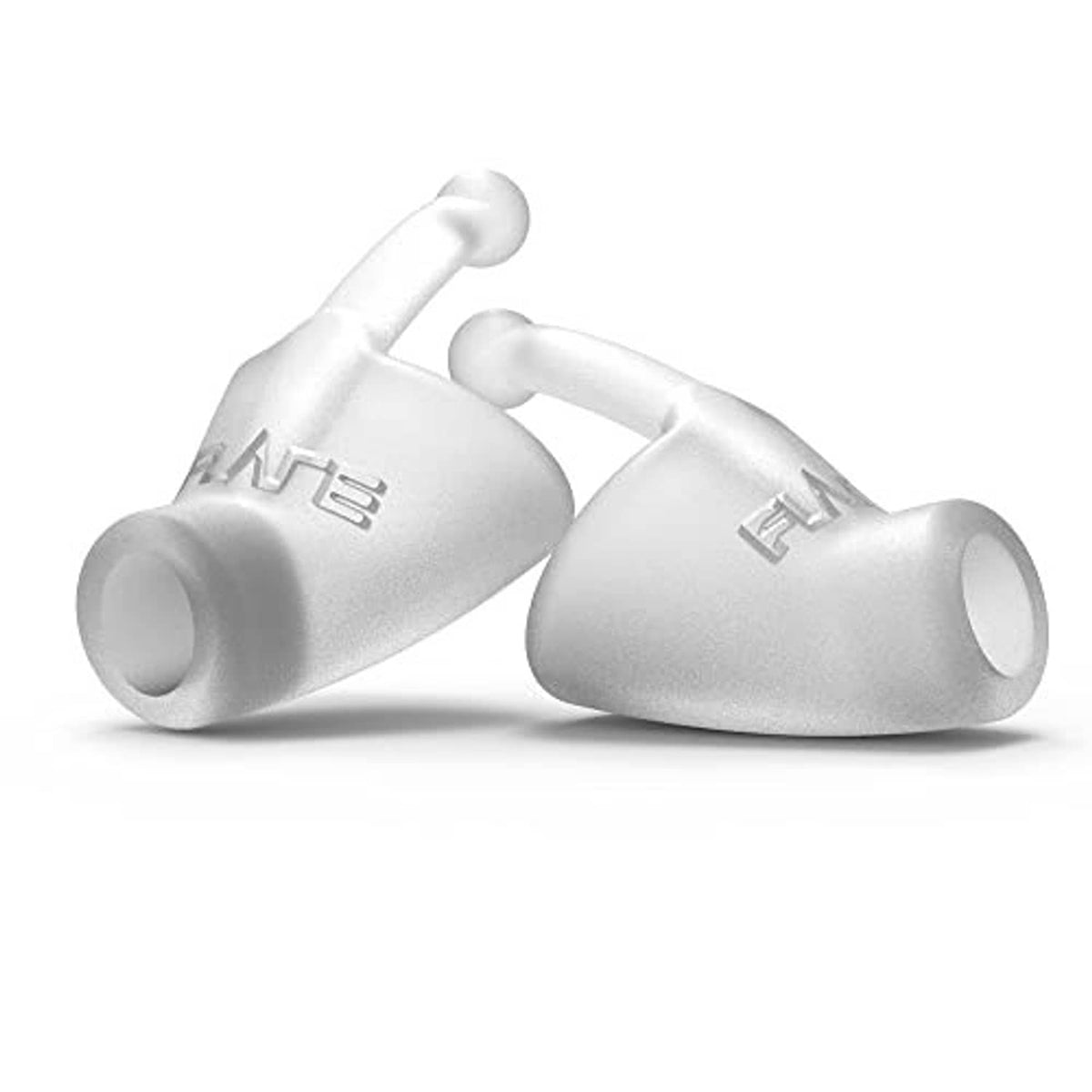 Pair of white silicone earplugs with FLARE logo, angled for comfortable fit
