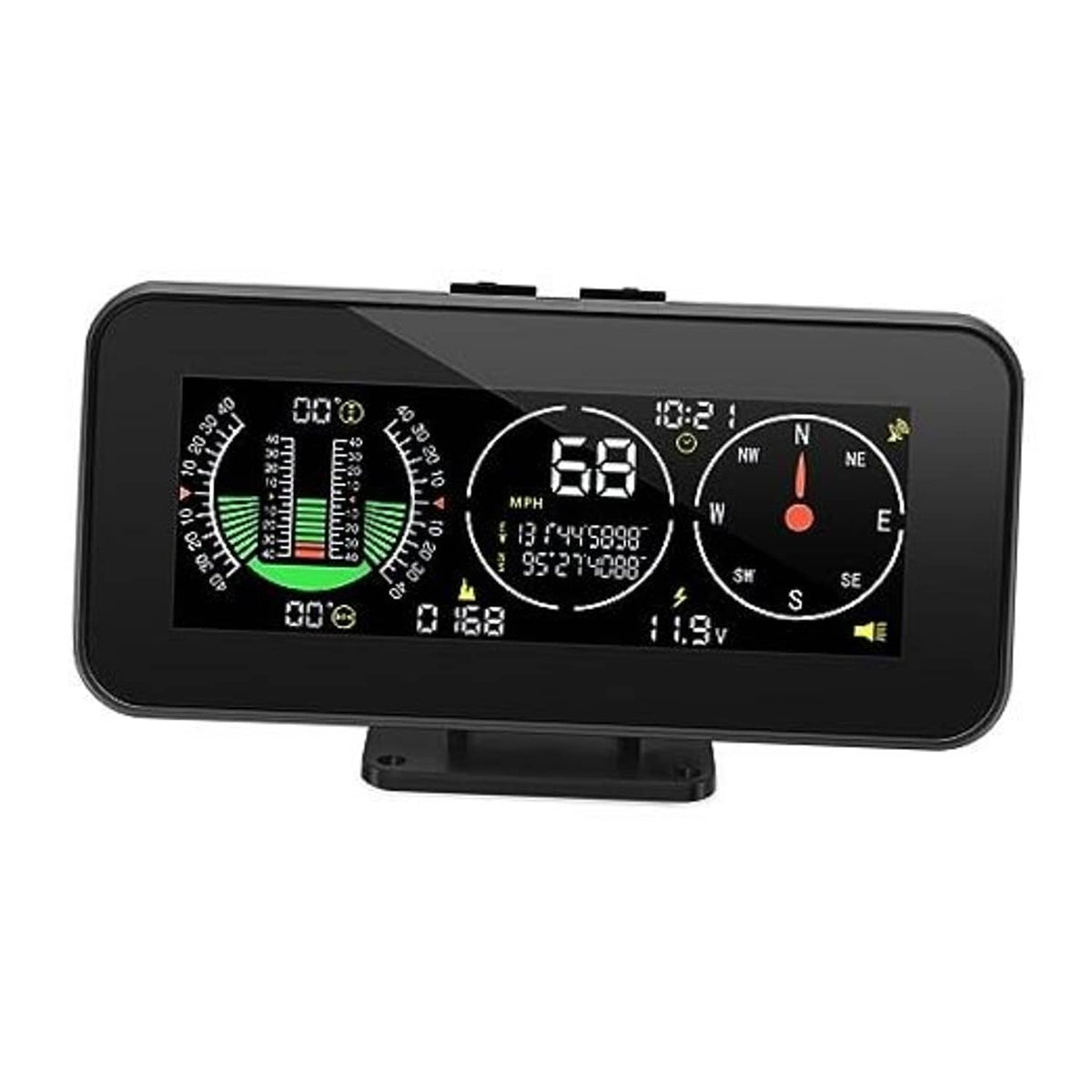 Digital HUD GPS inclinometer with compass and speed/voltage display on black screen