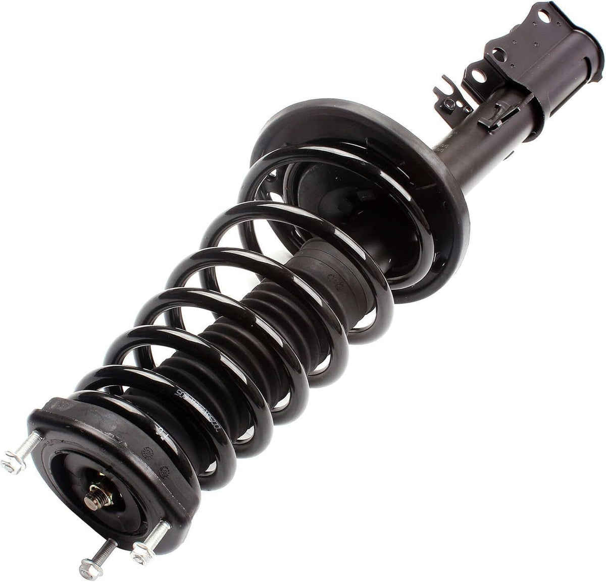 Inclined view of black shock strut with coil spring and upper bracket