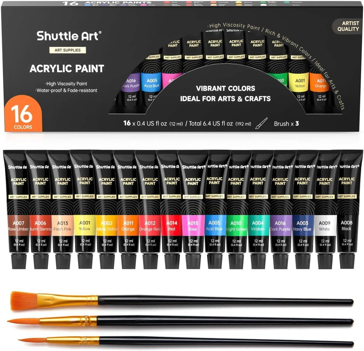 Acrylic paint set with 16 labeled acrylic tubes, lined up in a display box