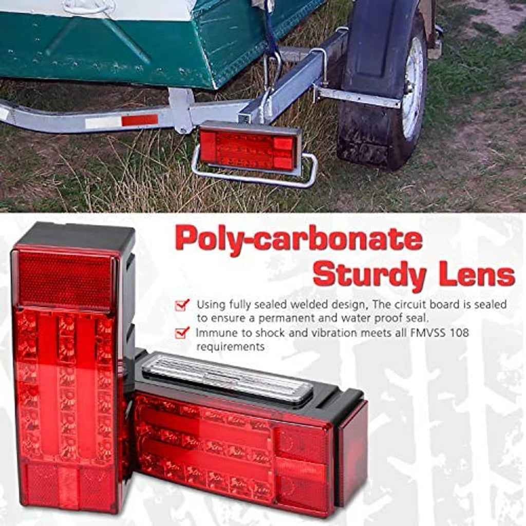 Red LED trailer light with polycarbonate-style clear lens panels and mounting bracket