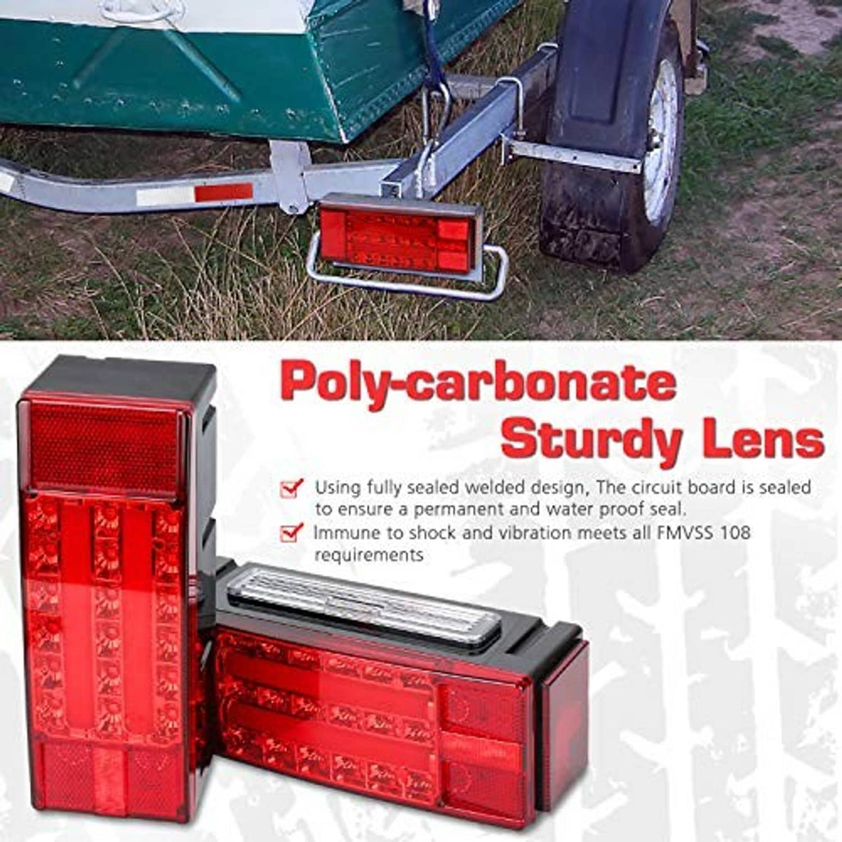 Red LED trailer light with polycarbonate-style clear lens panels and mounting bracket