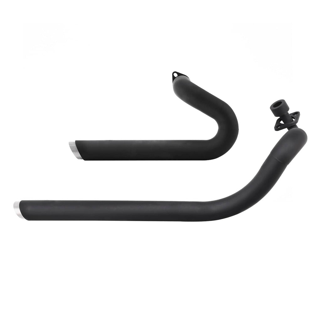 Black and silver motorcycle exhaust pipes set with dual mufflers and bracket mounts.