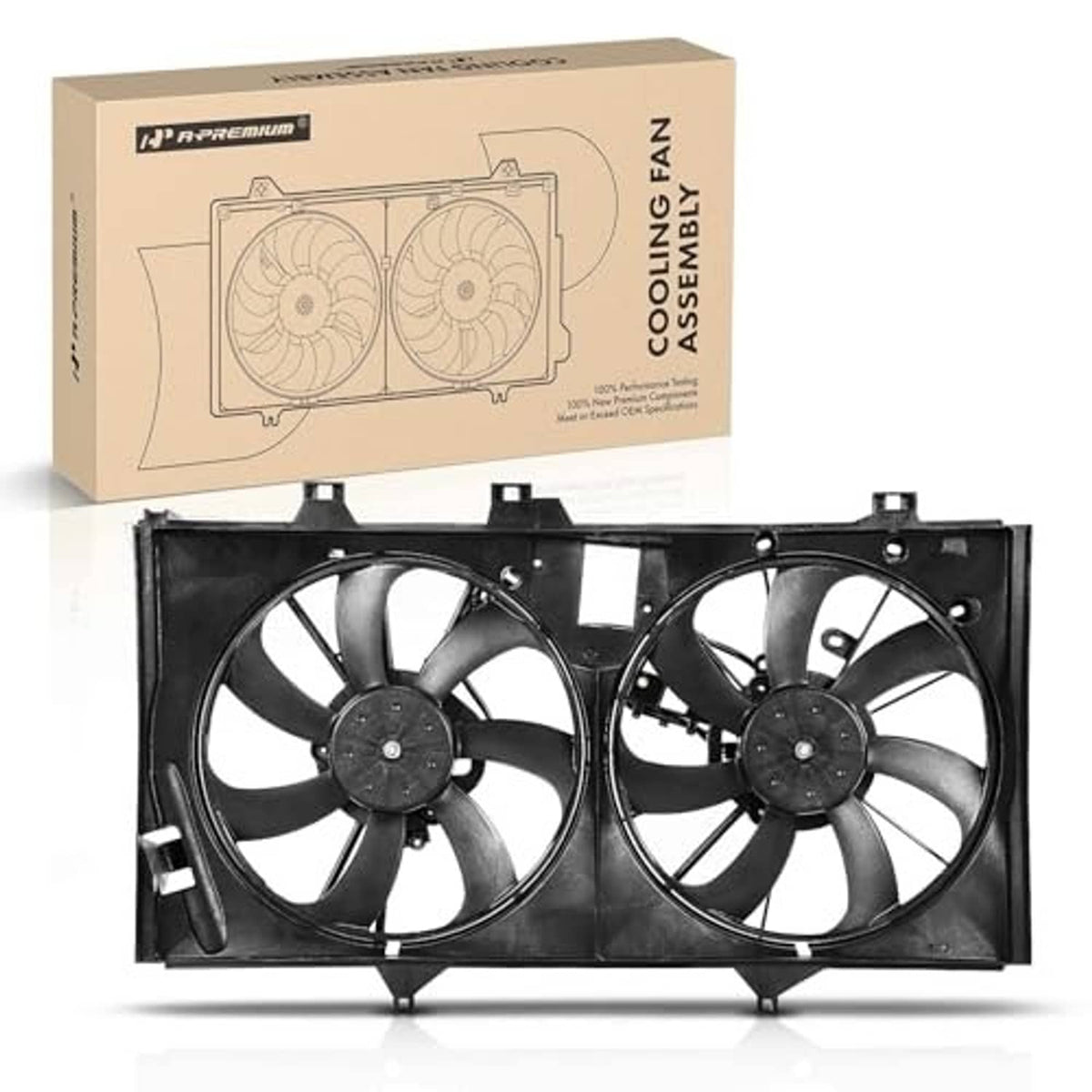 Engine radiator cooling fan assembly, dual fans with black housing and mounting tabs