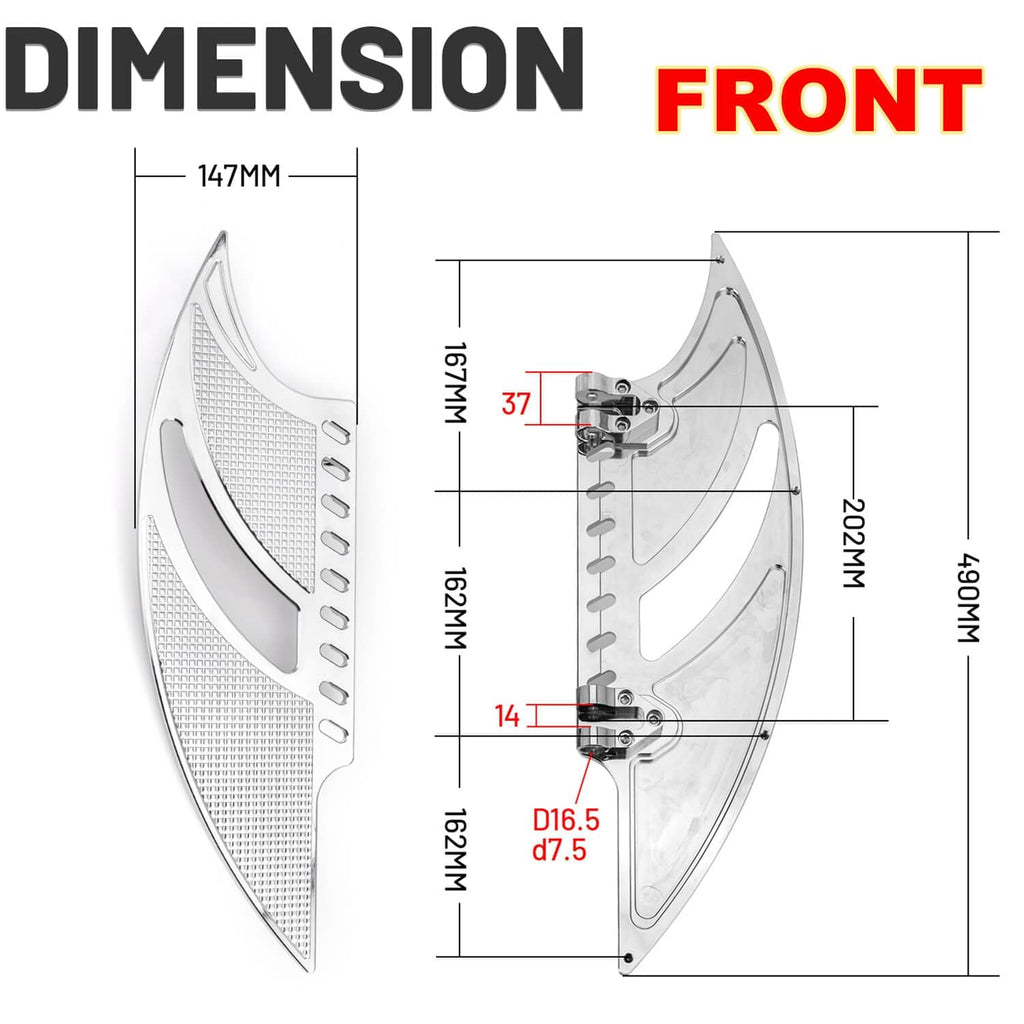 Front CNC footpeg floorboards, silver with diamond tread and hinge-style mounting hardware