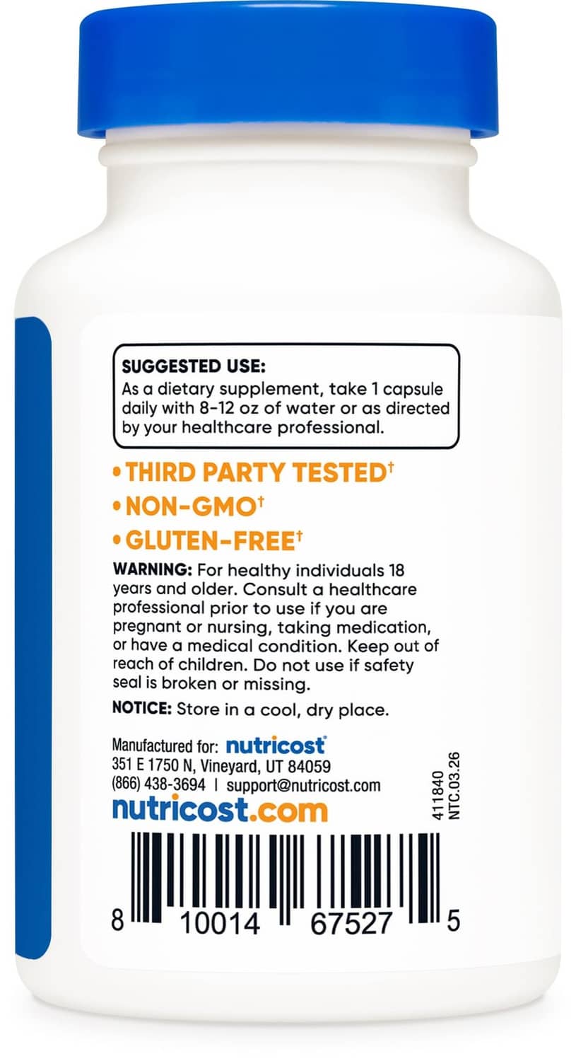 TUDCA supplement bottle back label with directions, barcode, and contact info