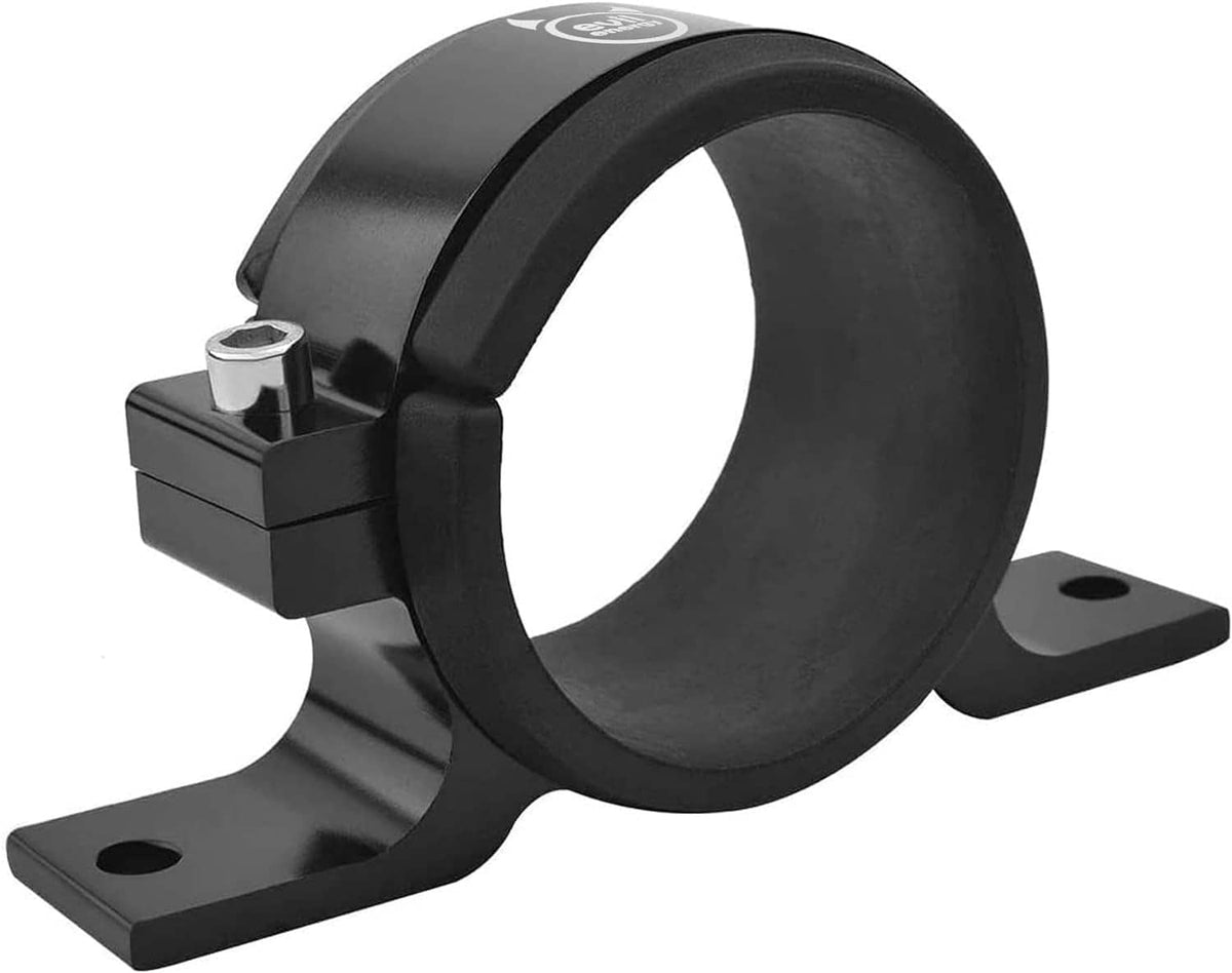 Black 60mm fuel filter mounting bracket with circular clamp opening and two bolt holes