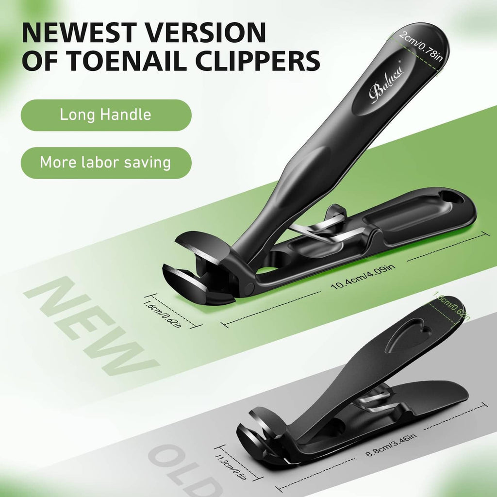 Black toenail clipper with long handle and wide, angled cutting lever