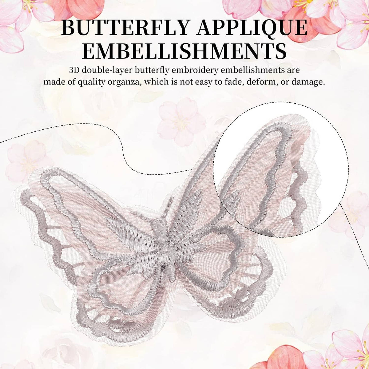Close-up of a 3D embroidered butterfly embellishment with scalloped wing edges