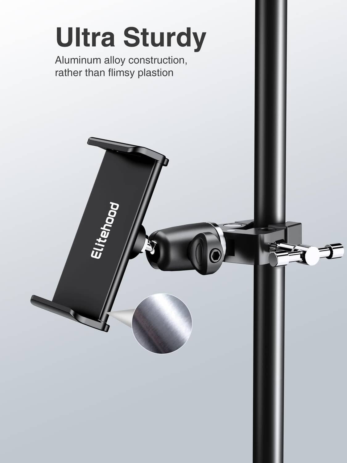 Metal tablet holder with black clamp attached to a mic stand