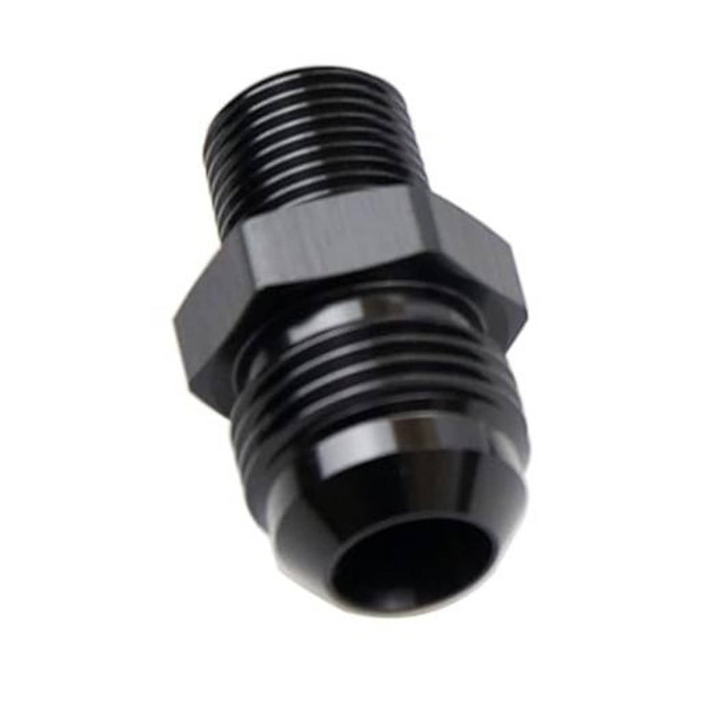 Black 10AN to 3/8 in NPT male union adapter fitting, 0-degree, two threaded ends
