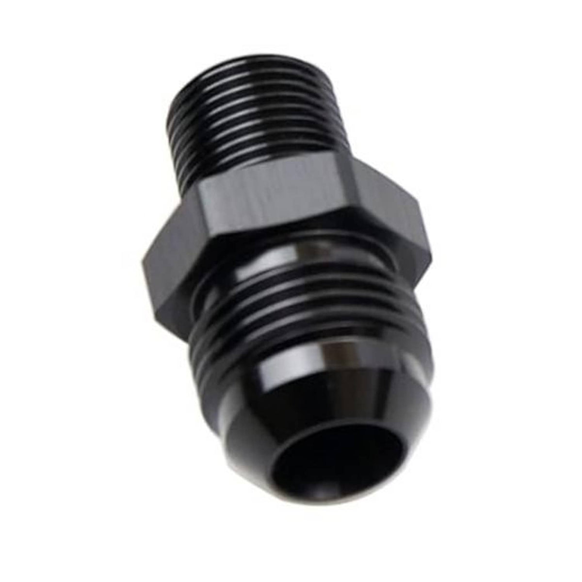 Black 10AN to 3/8 in NPT male union adapter fitting, 0-degree, two threaded ends