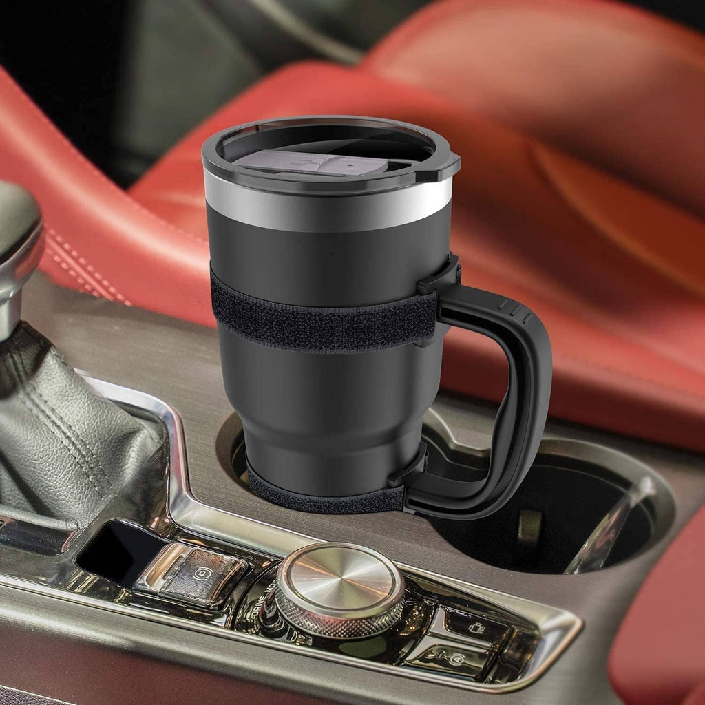 Black anti-slip tumbler handle with textured strap attached to a dark gray cup