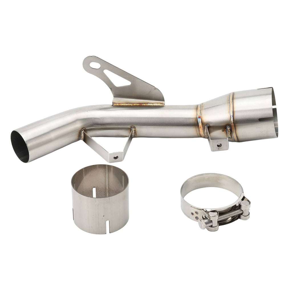Stainless exhaust mid link pipe assembly with mounting bracket, sleeve and clamp ring set