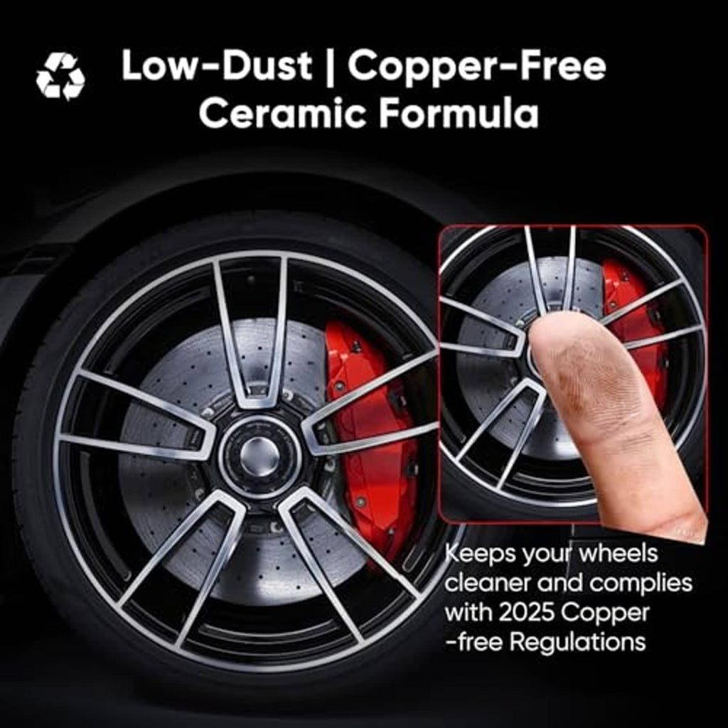 Low-dust copper-free ceramic brake pad formula concept shown on a wheel