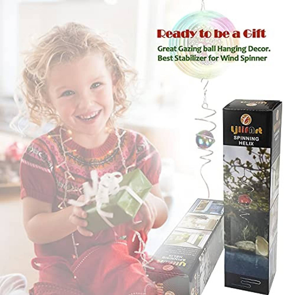 Hanging spiral wind spinner with iridescent gazing ball, shown with retail packaging