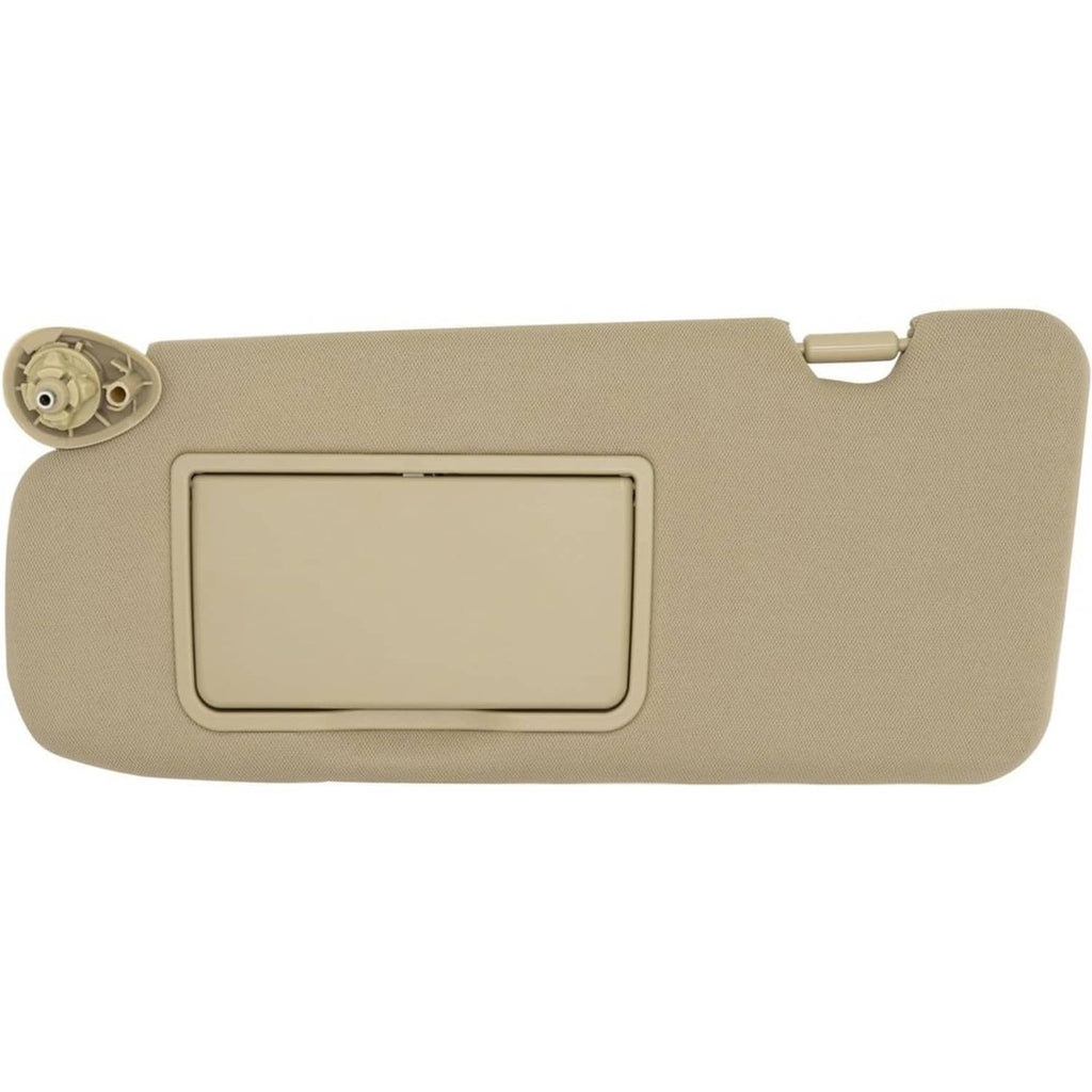 Beige left driver-side sun visor with rectangular mirror window and mount clip