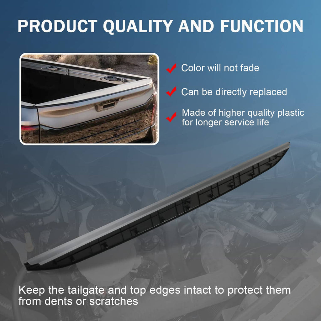 Black tailgate bed cap molding, long protective trim strip for truck bed rear edge