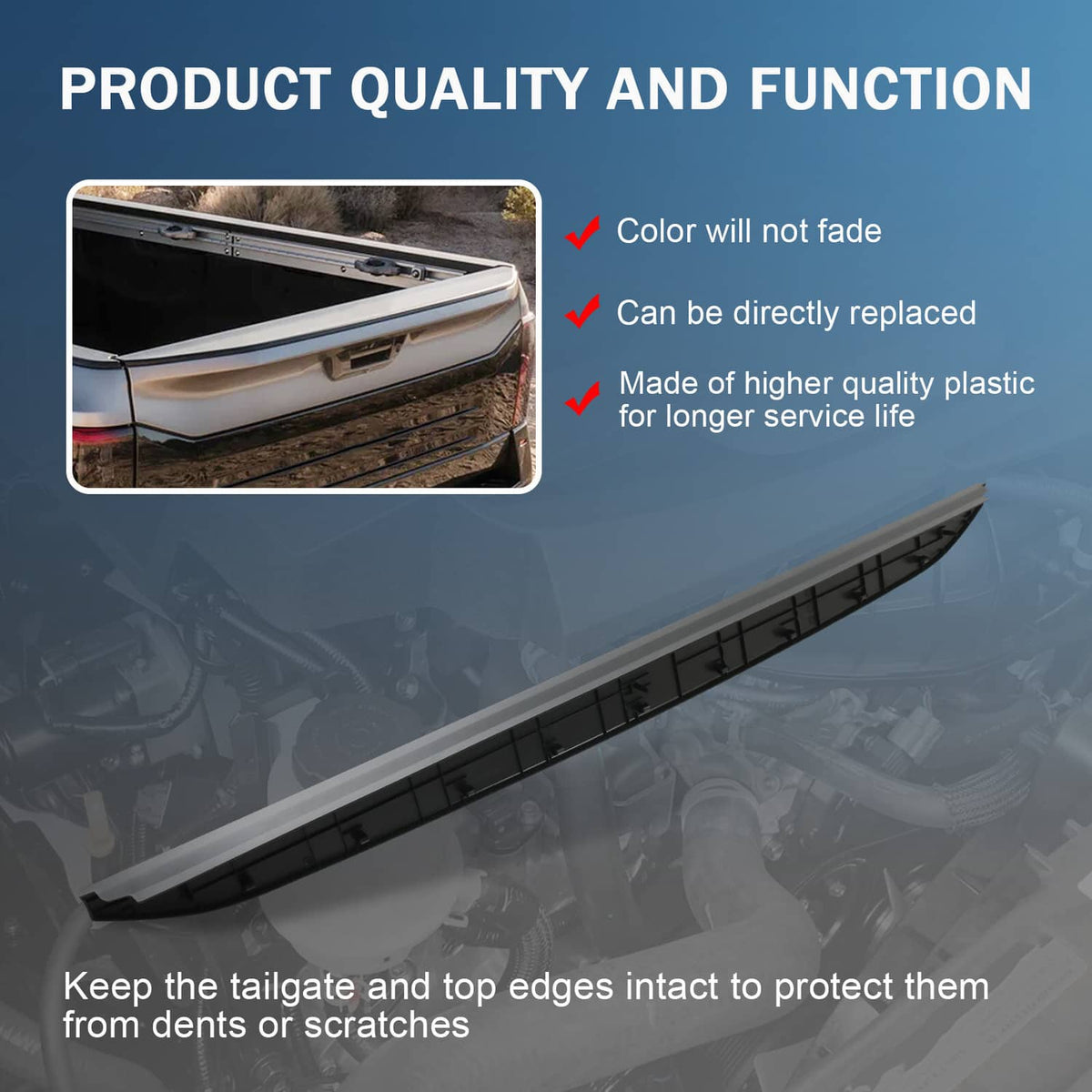 Black tailgate bed cap molding, long protective trim strip for truck bed rear edge