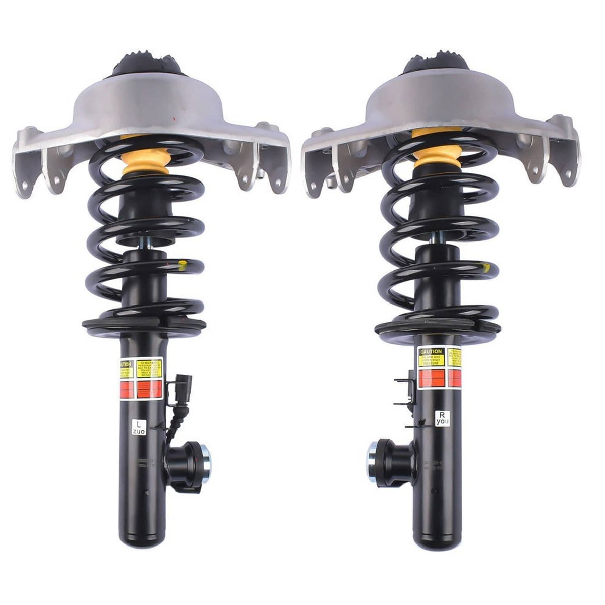 Pair of front shock strut assemblies with coil springs and mounted gray tops