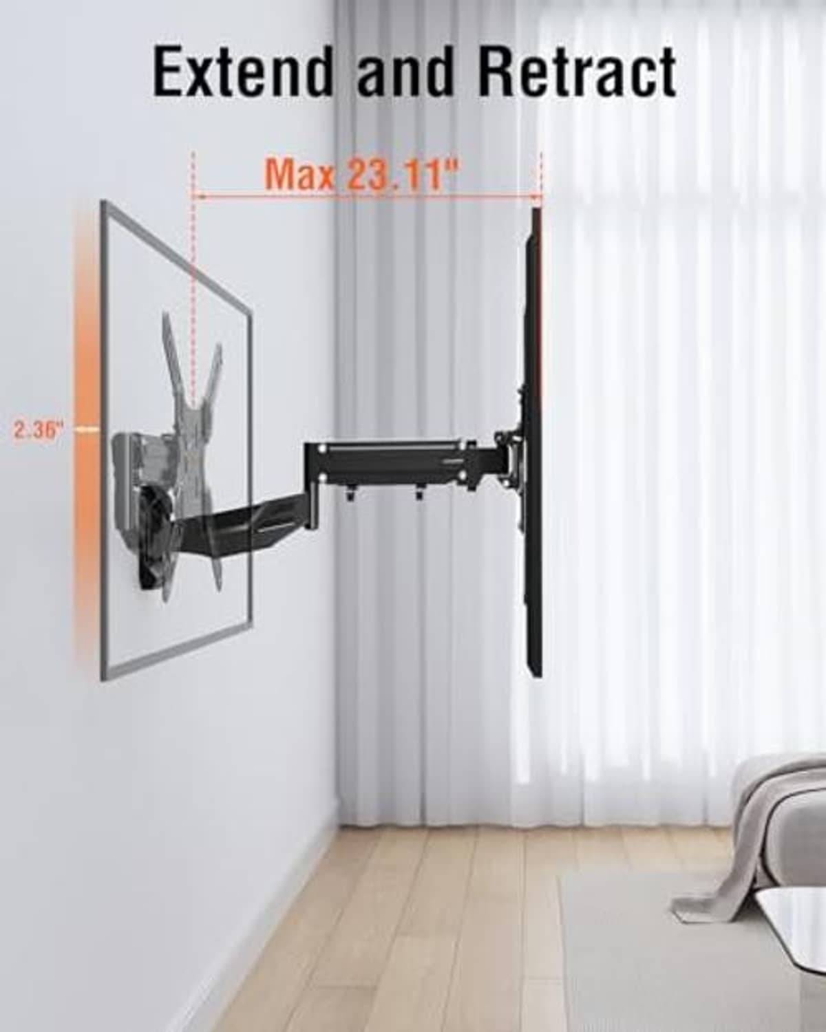 Black retractable TV wall mount bracket extended from the wall with VESA arms