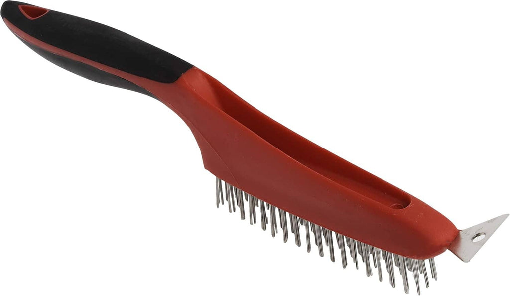 Stainless wire brush with scraper end and red handle, angled top view