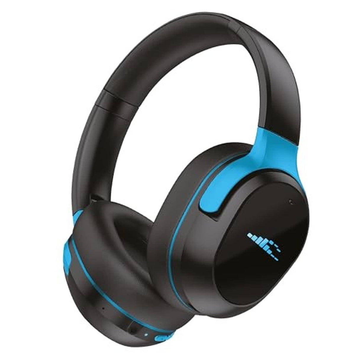 Over-the-ear sport headphones with black ear cups and bright blue side accents