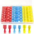 Assorted spade quick disconnect connectors with insulated sleeves in red, blue, and yellow
